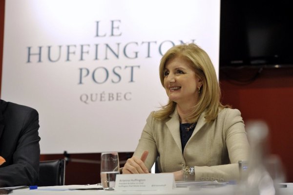 Arianna Huffington, co-fondatrice du The Huffington Post, lors du lancement du Huffington Post Québec, le 8 février 2012, à l'Hôtel Gault de Montréal (Photo : Victor Diaz Lamich)